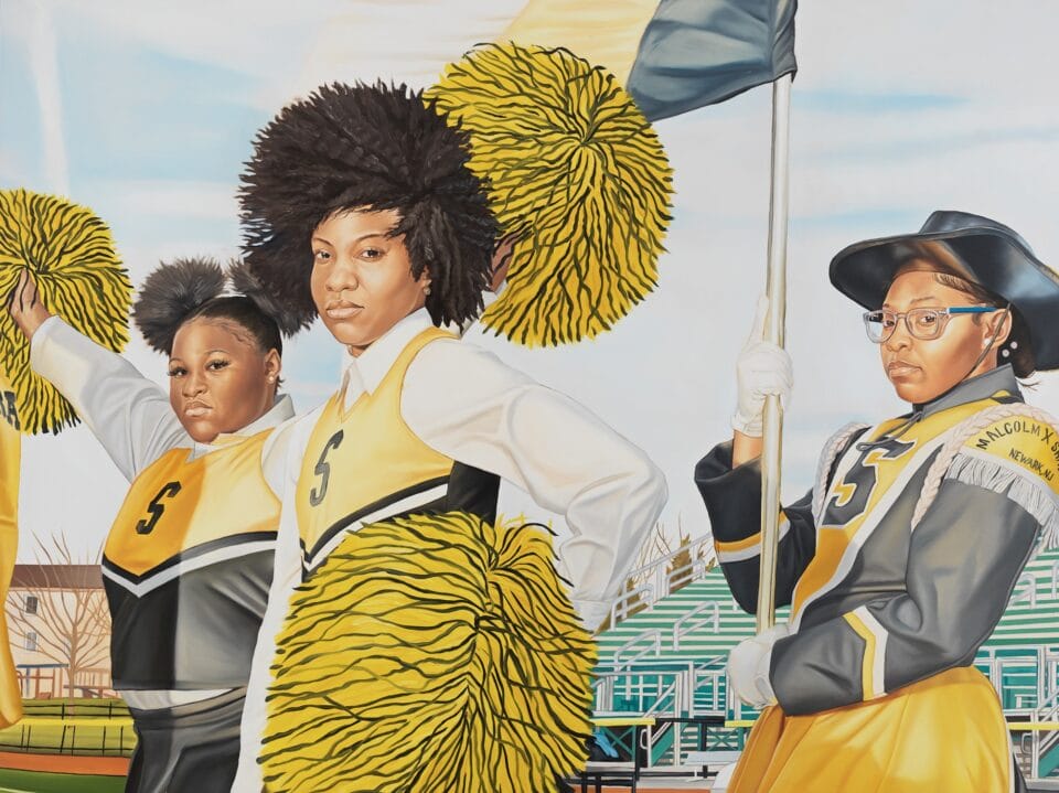 a detail of an oil painting dipytch of three cheerleaders in white-and-yellow uniforms, looking directly at the viewer