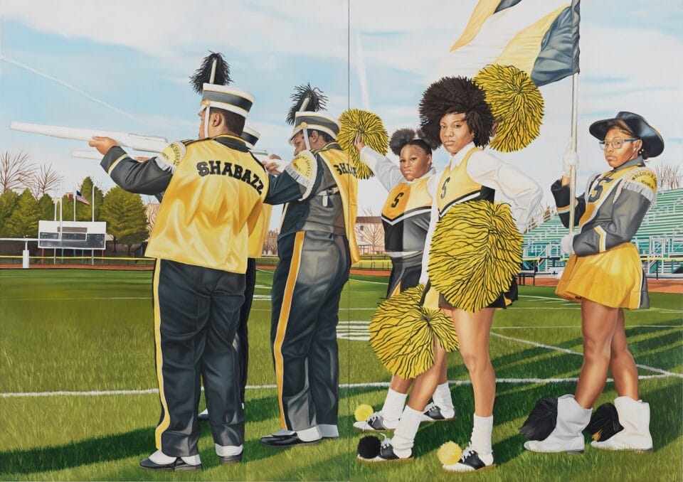 an oil painting dipytch of three cheerleaders in white-and-yellow uniforms, looking directly at the viewer, while two Black members of a marching band point white rifles away from them over a football field