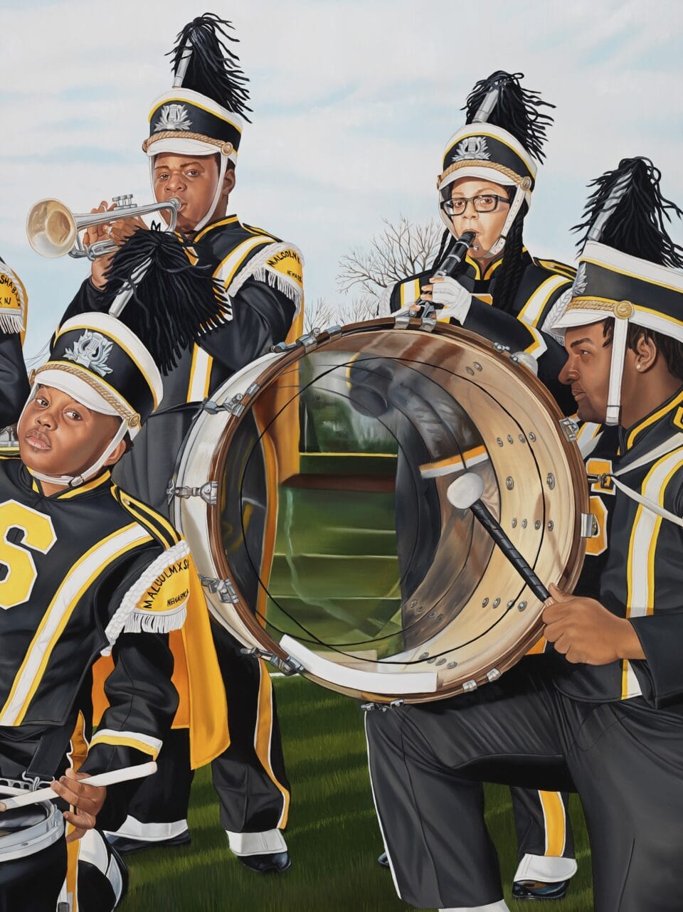 a detail of an oil painting of a Black marching band on a football field with their instruments, in black uniforms, looking directly at the viewer