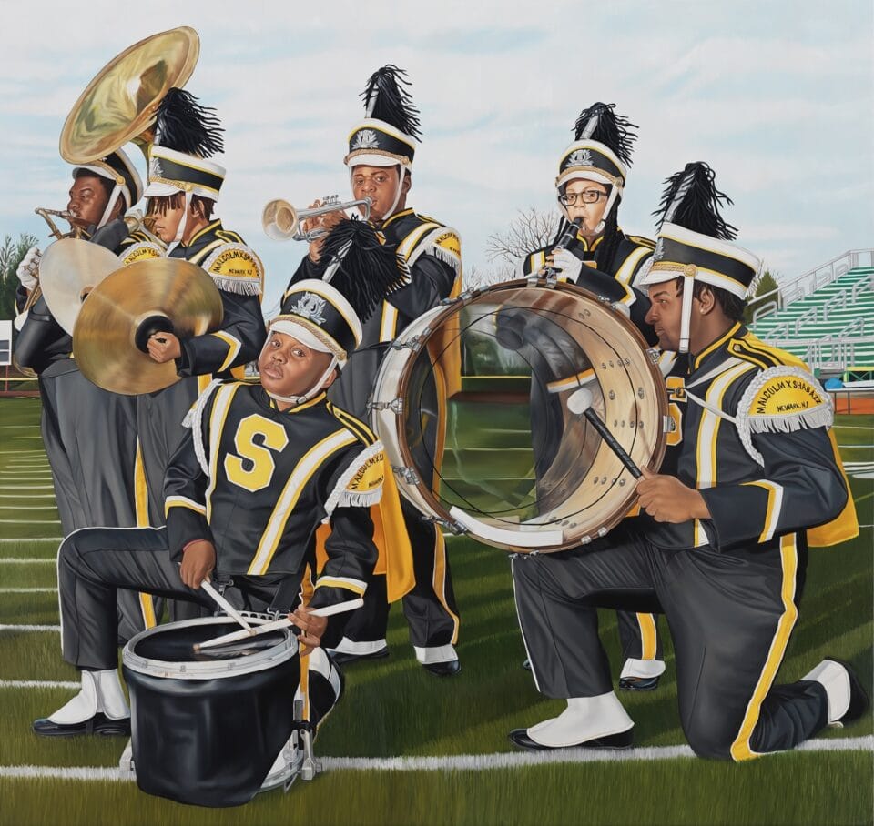 an oil painting of a Black marching band on a football field with their instruments, in black uniforms, looking directly at the viewer