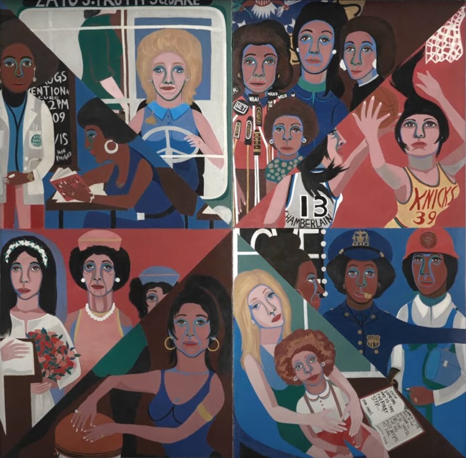 a colorful mural divided into eight parts depicting women in various professions