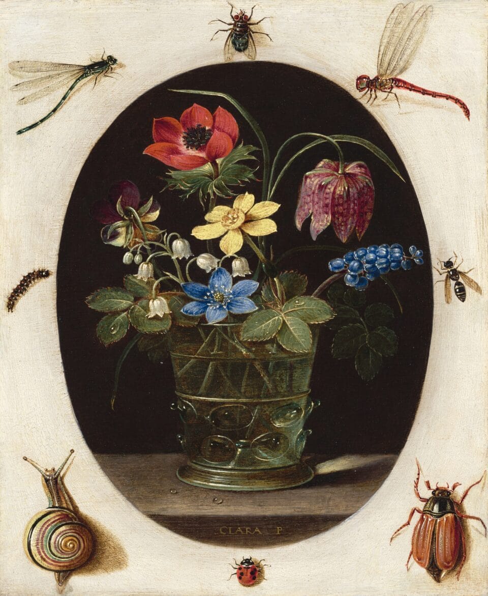a painting of a still life of flowers in an oval central composition, set against a black background, framed in white with bugs and a snail