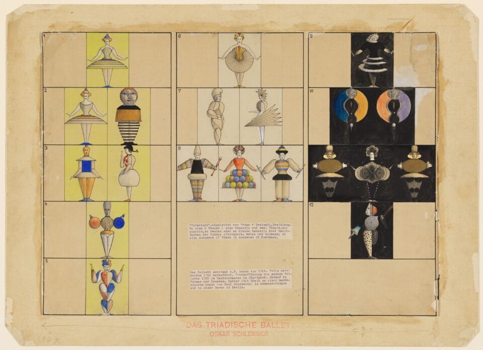 a chart with illustrations of figures in geometric and brightly colored costumes